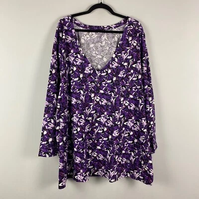 Roamans 长袖花卉 T 恤尺寸 5X 紫色黑色完美 V 领棉质 — 第 1/4 张图片
