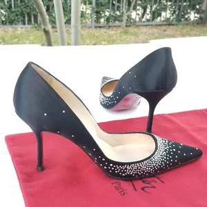 Christian Louboutin Follies black silk heels With Swarovski Crystals - Picture 1 of 22
