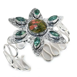 Unakite, Peridot Gemstone Handmade Silver Plated Cuff Bracelet Adjustable - Picture 1 of 1
