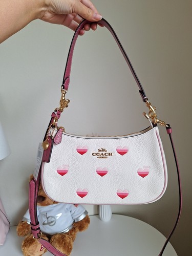 Borsa a tracolla Coach Teri nuova con etichette con stampa cuore a righe CA251