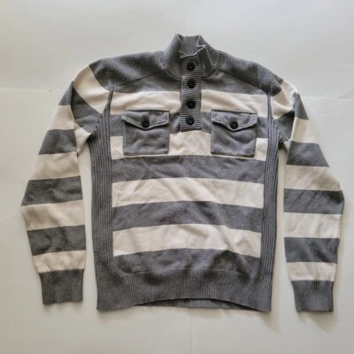 Suéter de Algodón INC Hombres Talla Mediana Gris Blanco Rayas Henley Cuello Simulado Foto 1 de 4