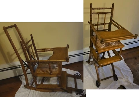 Pick Up Only Old Wood Convertible High Chair Stroller Hi-Low Cane Seat Baby Doll Cover