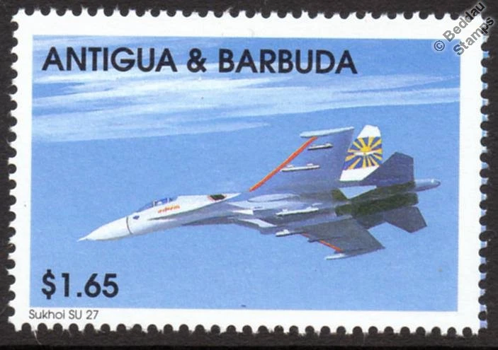 SUKHOI Su-27 FLANKER (Russia) Fighter Aircraft Mint Stamp (1998 Antigua) - Image 1 of 1