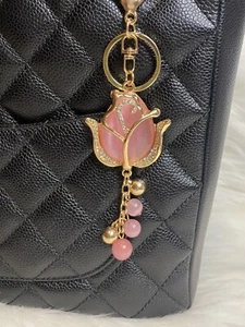 Tulip Flower keychain bag charm car Key Fob Purse Charm Glass Flower Pink New - Picture 1 of 3
