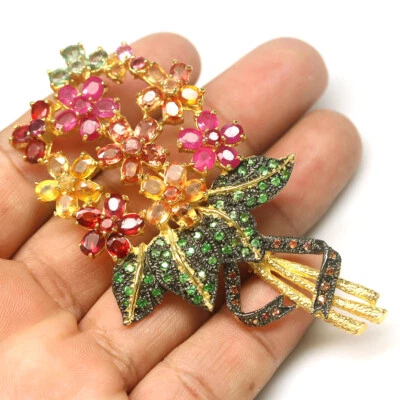 Gemstone Fancy Sapphire, Ruby & Tsavorite Garnet Brooch 925 Silver 18K Gold - Image 1 of 4
