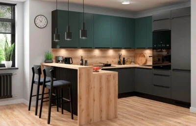 L Form Küche, Schränke, erweiterbar Boho grün oder Anthrazit matt Neu&Schnell - Bild 1 von 4