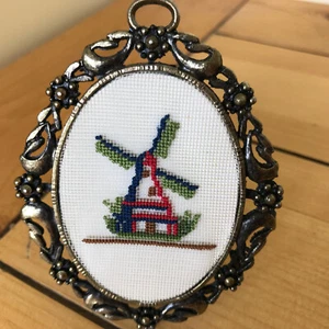 Dutch Windmill Petit Point Hand Embroidered Mini Brass Frame Picture 3"x3.5" - Picture 1 of 4