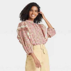 Who What Wear Women's Pink Floral 3/4 Sleeve Lace Trim Blouse Size Large - Picture 1 of 4