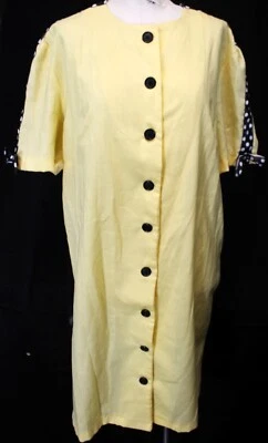 VTG 80s Handmade Yellow Dress Mid Length Button Down Polka Dot Ribbon Trim Bow - Image 1 of 4