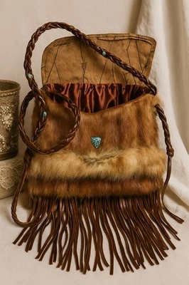 VTH HANDMADE LEATHER FUR CROSSBODY  MESSENGER BAG BOHO TURQUOISE MINK? - Image 1 of 4