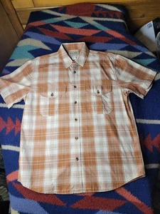 CC Filson Button Up Shirt Mens Medium Brown White Cream Plaid Short Sleeve - Picture 1 of 6