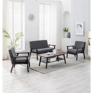 Maklaine Coffee Table Linen Fabric Loveseat and 2 Chair Set in Espresso - Picture 1 of 9
