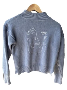 Suéter Para Mujer Recortado Manga Larga Cuello Alto Bordado Azul Gris Talla Mediana - Imagen 1 de 18