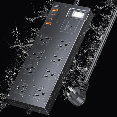 Outdoor Waterproof Power Strip Surge Protector 2700J 6 Outlets USB Ports IPX6 - Image 1 of 4