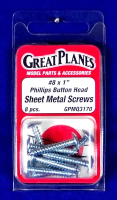GREAT PLANES #8 X 1" BUTTON HEAD SHEET METAL SCREWS (8)( PART # GPMQ3170 ) - Image 1 of 2