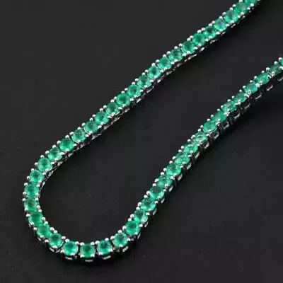 Теннисное ожерелье круглой огранки с имитацией зеленого изумруда покрытие белым золотом 14 карат 20 карат - Изображение 1 из 4