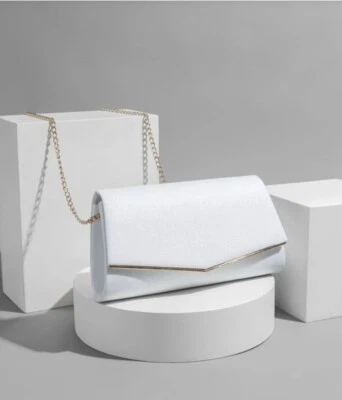 Womens White Minimalist Glitter Gold Metal Decor Flap Square Bag Clutch Wedding - Image 1 of 4