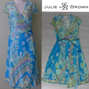 JB JULIE BROWN Colorful Print Short Sleeve  Wrap Dress Size S in Blue Magnolia - Picture 1 of 10