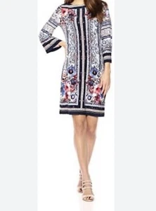 Beige Eci Navy Blue Pink Floral Shift dress 3/4 sleeve Work Casual Stretch Sz 10 - Picture 1 of 9