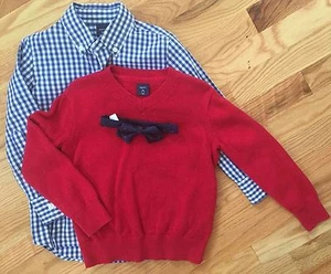 GAP KIDS Boys XS 3pc Outfit RED V-NECK SWEATER BLUE GINGHAM DRESS SHIRT, BOW TIE - Picture 1 of 6