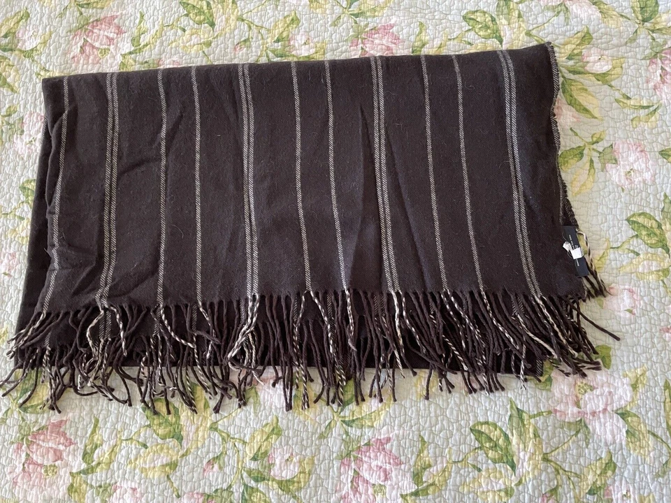 Thomas O'Brien Cashmere Wool Throw Blanket Brown Striped Fringed size 54"x56" - Image 1 of 4