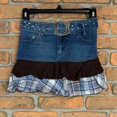Y2K Rewind Skort Girls 10 Blue Denim Mini Skort Studded Belt Tiered Ruffle Plaid - Image 1 of 3