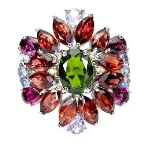925 Anello Argento Sterling Ovale Cromo Diopside Rodolite Tanzanite Gemma Misura - Foto 1 di 14