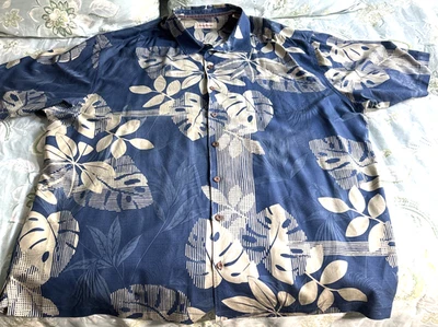 Tommy Bahama 100% Silk Floral Hawaiian Shirt 3XT Blue Monstera Deliciosa Print - Image 1 of 4