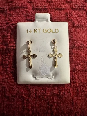 Aretes colgantes crucifijo cruz Jesús oro amarillo macizo fino 14K 22 mm ~ PP Foto 1 de 2