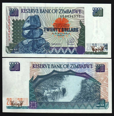 ZIMBABWE 20 DOLLARS P-7 1997 *AD REPLACEMENT VICTORIA FALLS OX UNC CURRENCY NOTE - Image 1 of 4