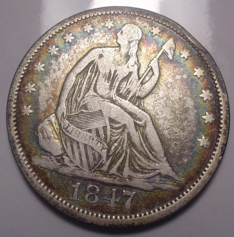 TONED 1847 O New Orleans Seated Liberty silver 50C half dollar FREE shipping Cover