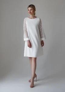 Brautkleid mit Spitze 3/4 Ärmel für Standesamt kurz 36 bis 50 Ivory - Bild 1 von 3