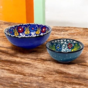 2 türkische Keramik Dip Schüsseln handbemalt Handarbeit Truthahn 5" D & 3" D - Bild 1 von 12