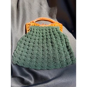 Vintage Hand Crocheted Dark Green Tortoise Shell Bag Purse - Picture 1 of 5