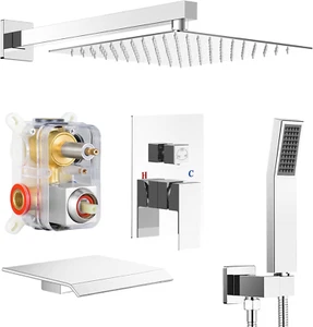 12 Inch Rain Shower System with Tub Spout, 3-Functions Shower Faucet Set with Pr - Picture 1 of 7