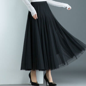 Women Mesh Long Skirt Tulle Pleated A Line High Waist Swing Elegant Casual
