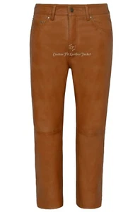 Men's Leather Trouser Genuine Tan Napa Biker Motorcycle Style Jeans 501 - Picture 1 of 7