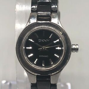 DKNY Watch Women Ladies Silver Tone Black Dial Ceramic Band New Battery 6.75"