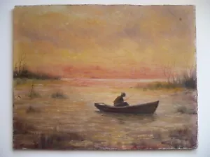 JOHN MACALUSO, VINTAGE OIL PAINTING IMPRESSIONIST BOAT SUNSET FISHERMAN NATURE - Picture 1 of 10