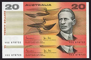20 Dollars $20 Australian Banknote 1983 Johnston Stone R408 consecutive pair - Picture 1 of 2