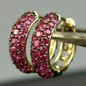 2.20CT Round Cut Lab Created  Ruby Women" s Hoop Earrings 14k Yellow Gold Plated - Picture 1 of 3