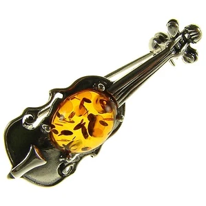 BALTIC AMBER STERLING SILVER 925 VIOLIN MUSIC INSTRUMENT BROOCH PIN JEWELLERY - Picture 1 of 1