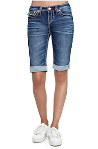 True Religion Women's Big T Bermuda Jean Shorts w/ Flap Pockets in Magnetic Lure