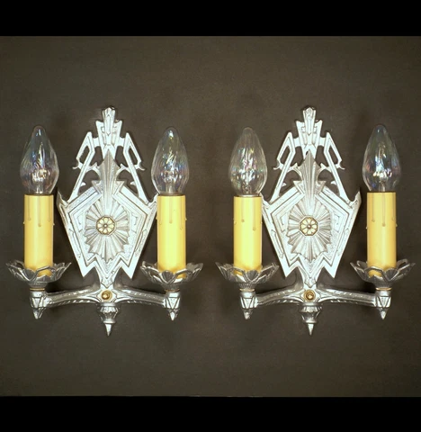 PAIR Vintage 1930s Art Deco Machine Age Iron Wall Light Fixture Sconces REWIRED Cover