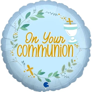 HOLY COMMUNION FOIL BALLOON - BLUE PARTY DECORATION - CROSS boy FIRST 1st - Picture 1 of 2