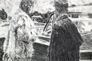 Man & Woman by Car Original Charcoal Illustration by Saul, Bernard 1987 Artwork - Picture 1 of 2