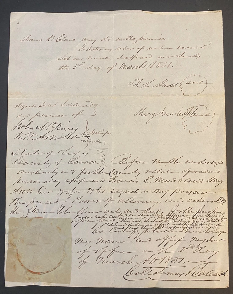 1851 Collatinus Ballard of LaVaca County Texas NOTARIZED POWER OF ATTORNEY - Image 1 of 4