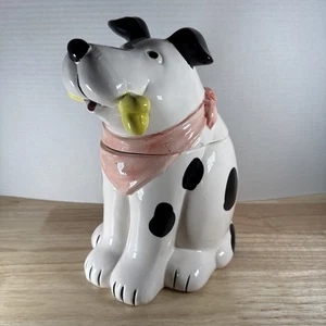 Vintage schwarz-weiß gefleckter Hund mit gelbem Knochen Keksdose sitzend Keramik - Bild 1 von 13