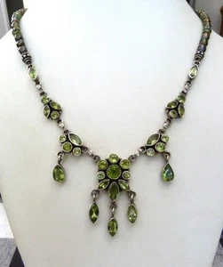 VINTAGE PERIDOT DANGLE GEMSTONES CULTURED PEARLS BEADED STERLING SILVER NECKLACE - Picture 1 of 9