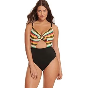 Beach Betty Striped Bow Front Cutout One-Piece Swimsuit Size XL NWT - Picture 1 of 5